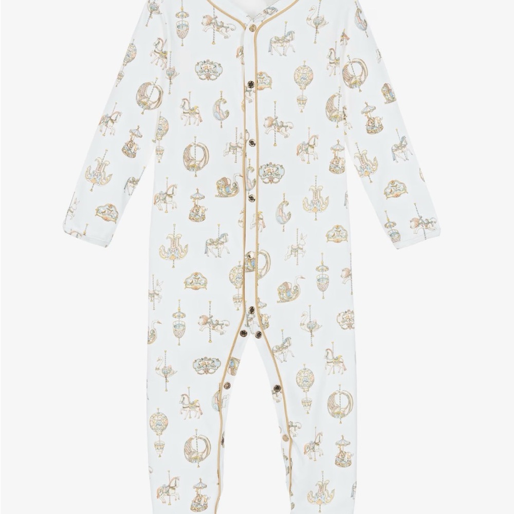 Carousel-Print Baby One-Piece Footie in White and Beige